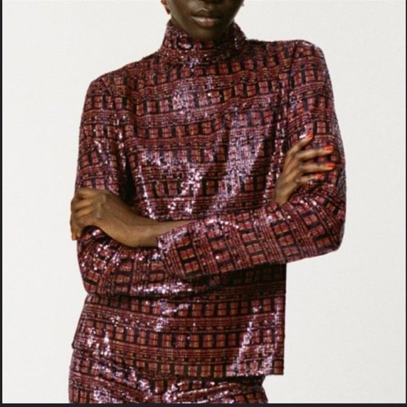 NWOT Zara high collar sequin top with adjustable slit sleeves size xs - Picture 3 of 9